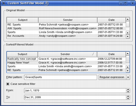Screenshot of the Custom Sort/Filter Model Example