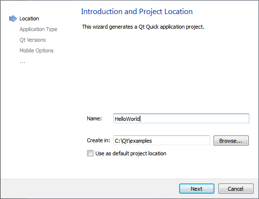 "Introduction and Project Location dialog"