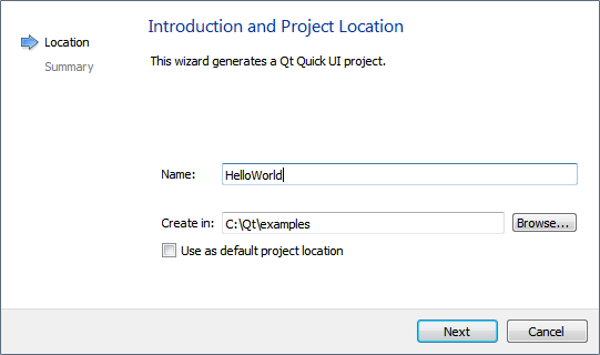 "Introduction and Project Location dialog"