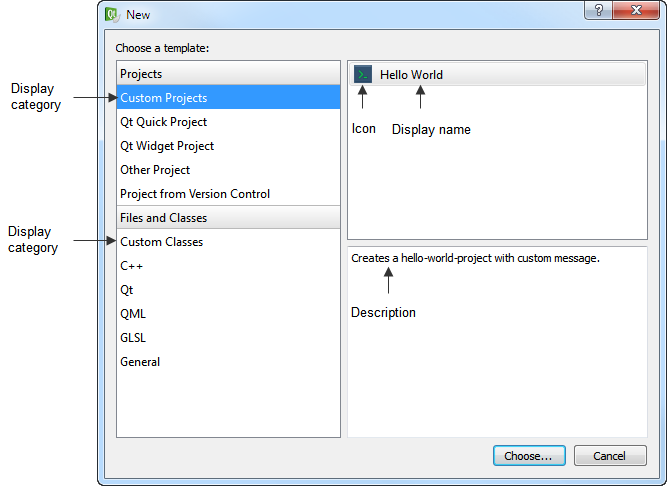 "The New dialog with custom projects and classes"
