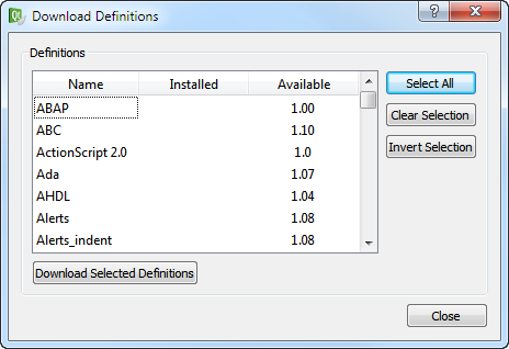 "Download Definitions dialog"