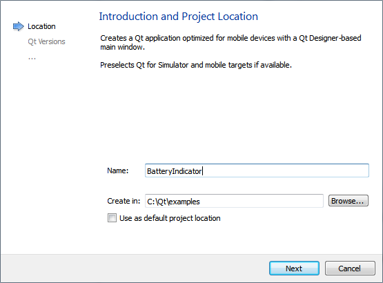 "Introduction and Project Location dialog"