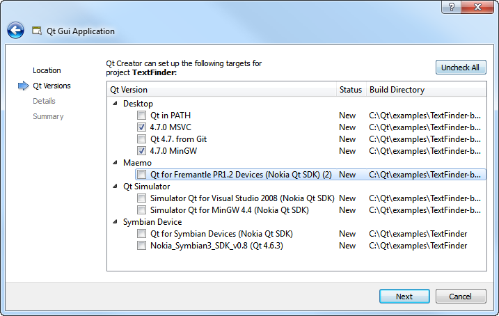 "Select Required Qt Versions dialog"