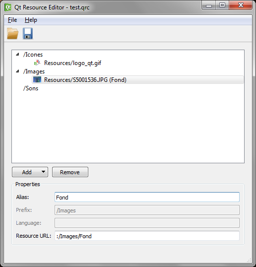 Fenêtre d'éditeur de ressources Qt dans Visual Studio